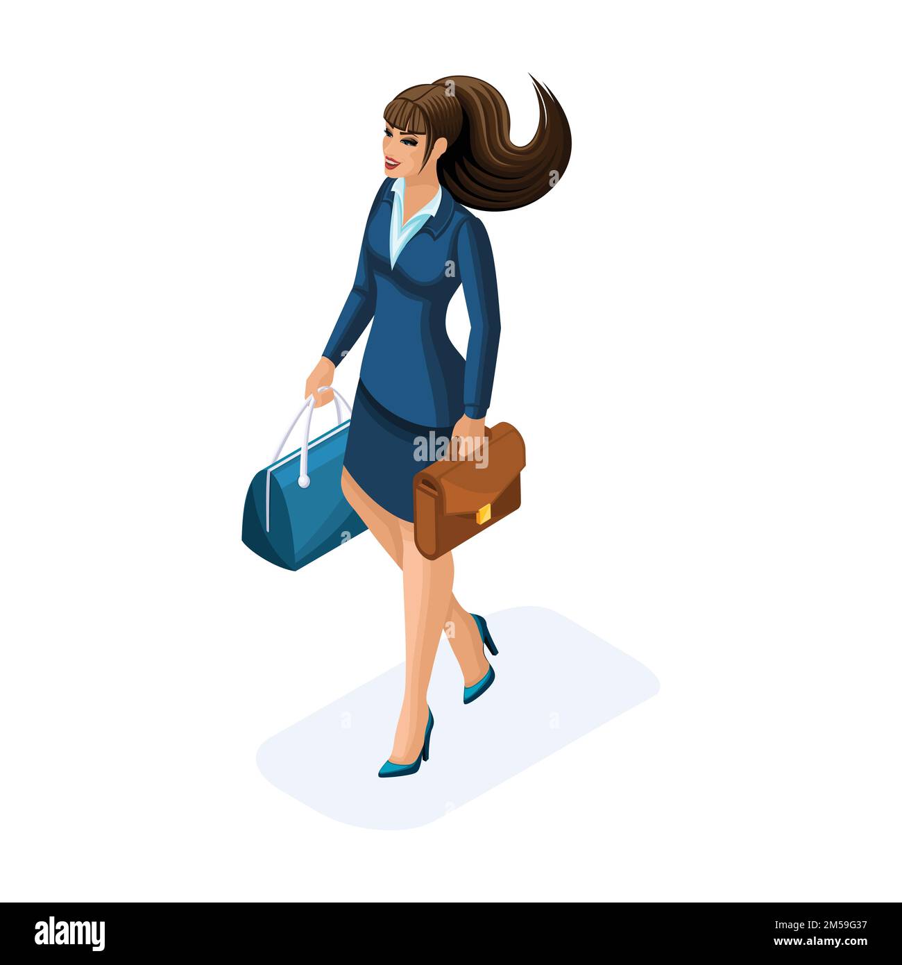 Isometric Of A Beautiful Woman On A Business Trip Comes With Her Luggage Elegant Business Suit