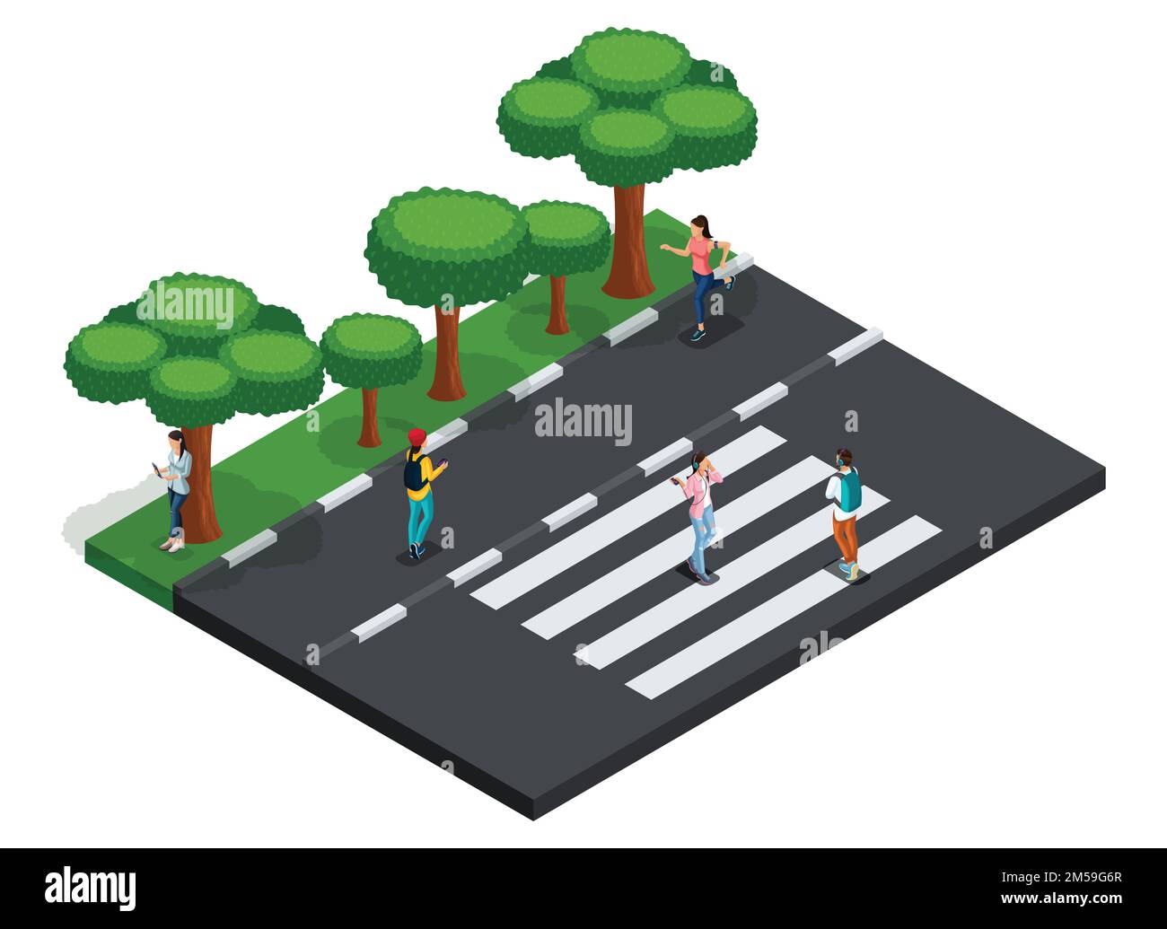 Trendy People Isometric vector 3D teenagers, young people, students, freelancers, roadway, curbs, trees, pedestrians, gadgets smatrfon. Stock Vector