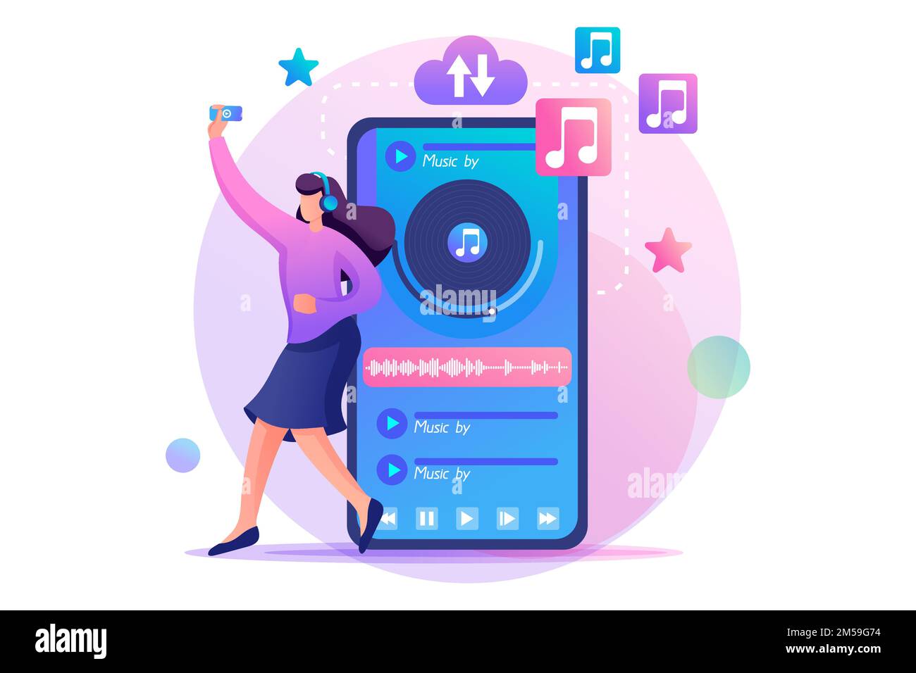 Young teenage girl listens to her favorite music, enjoys music. Flat 2D ...