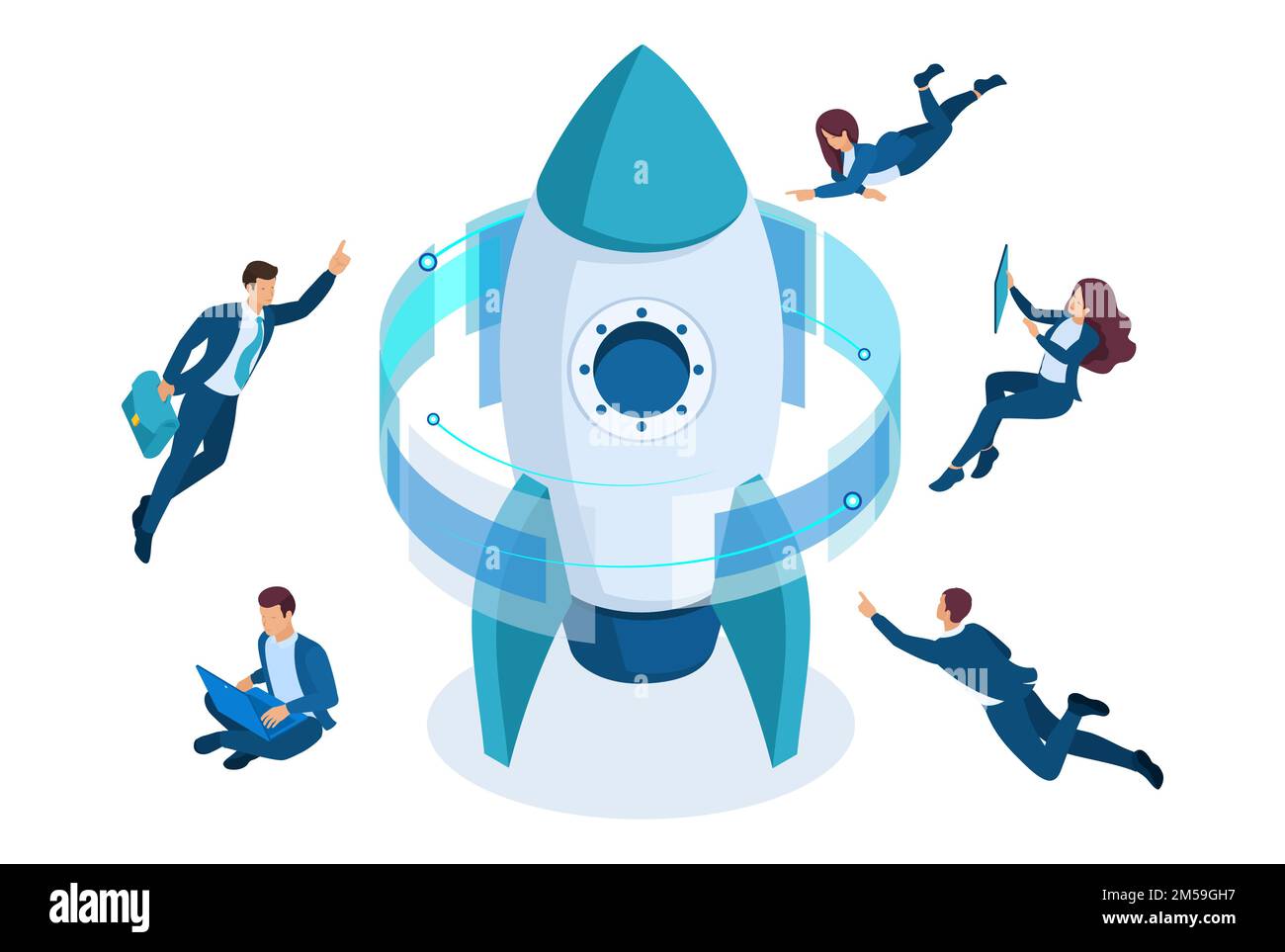 Isometric start up a business project, businessmen around the rocket ...