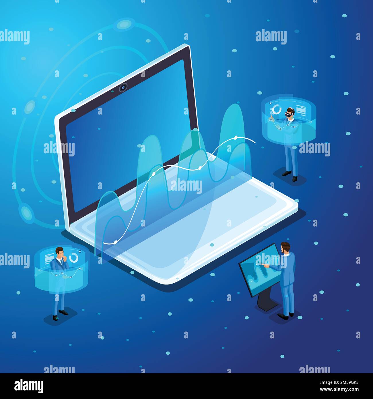 Isometric businessmen with gadgets, work on virtual screens, on-line management of electronic devices, virtual glasses, virtual reality. Stock Vector