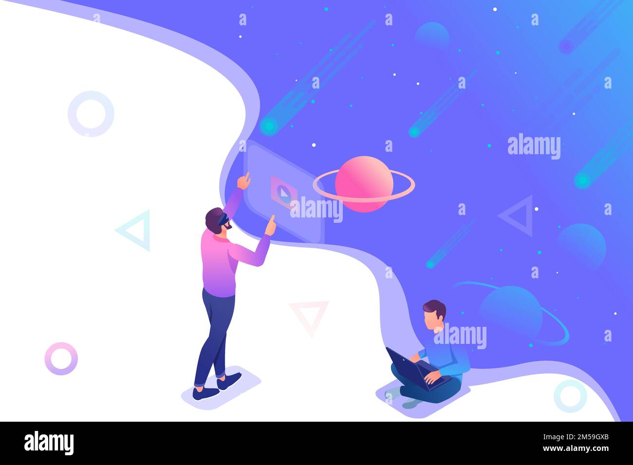 Isometric a young man runs a virtual reality using virtual glasses, a teenager runs on a laptop. Concept for web design. Stock Vector