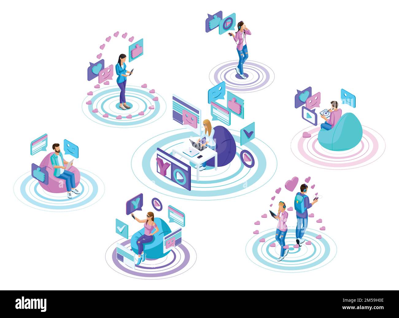 Isometric teenagers with modern gadgets, communicate in social networks and the Internet. Bright, colorful advertising concept Stock Vector