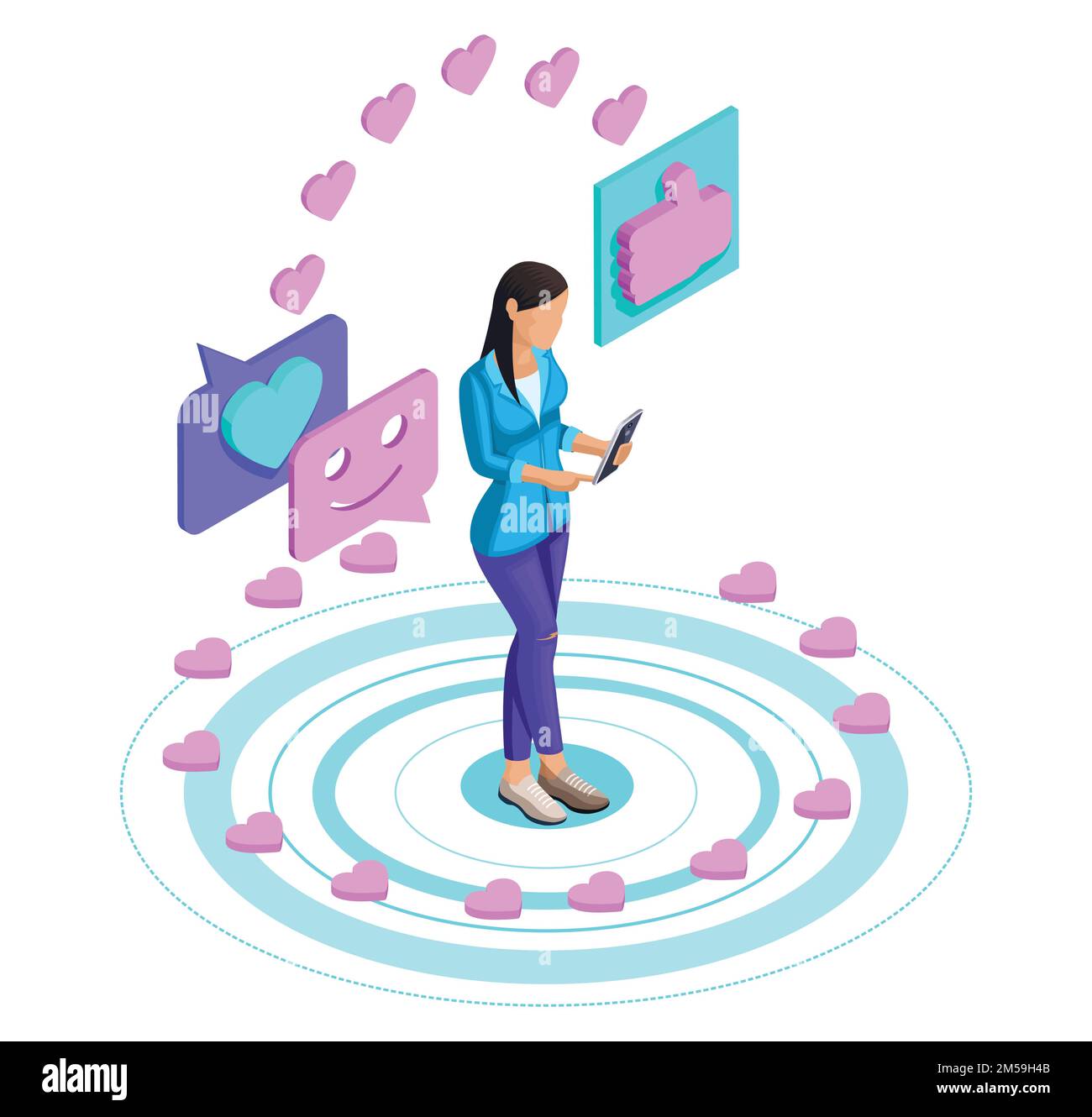 Isometry of a girl watching a video on a social network, putting likes on a smartphone, video blogs, communication on the Internet. Love bright concep Stock Vector