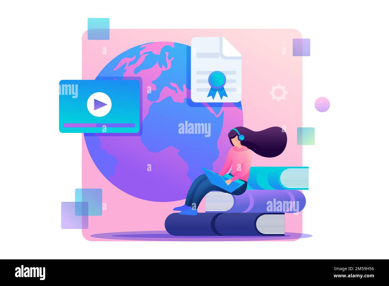 Girl graduated from distance learning, receives a diploma. Flat 2D