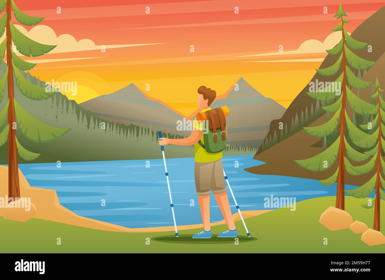 Young man admires the beauty of nature on the lake. Beautiful nature. Camping. Flat 2D characters. Stock Vector
