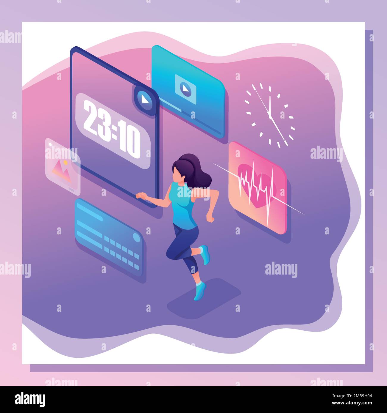 Isometric bright young woman concept, athlete trains using device. Stock Vector