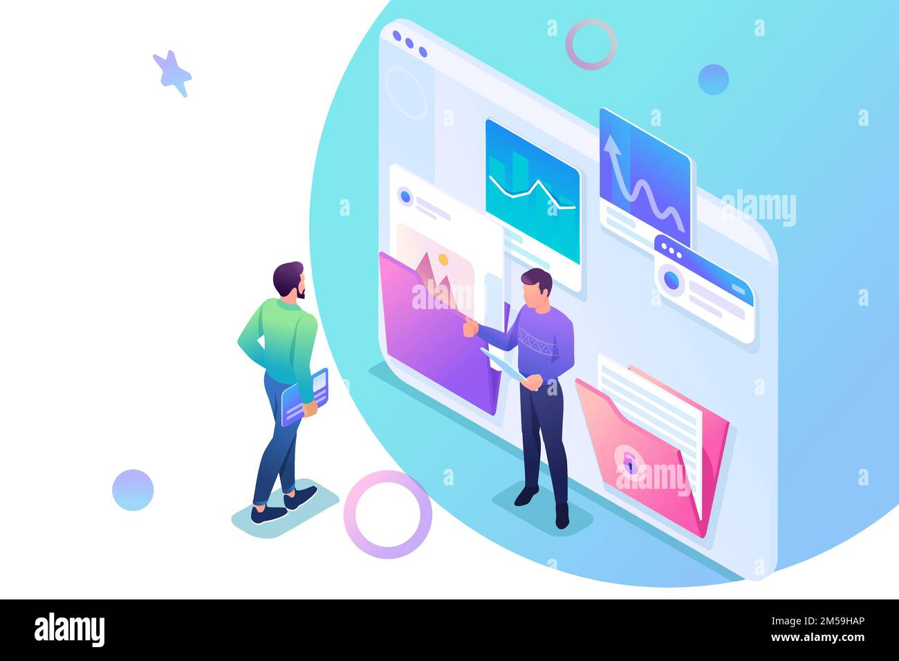 Isometric collecting and sending data for the report, young entrepreneurs discuss the data on the screen. Concept for web design. Stock Vector