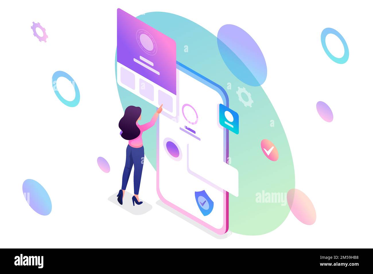 Isometric young girl with mobile phone, filling in the profile of the mobile account. Concept for web design. Stock Vector