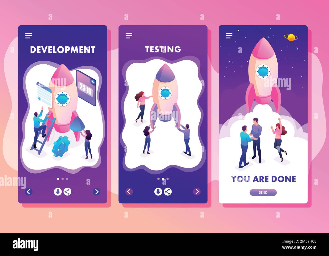 Isometric Template app Bright concept start up a new business by young entrepreneurs, smartphone apps. Stock Vector