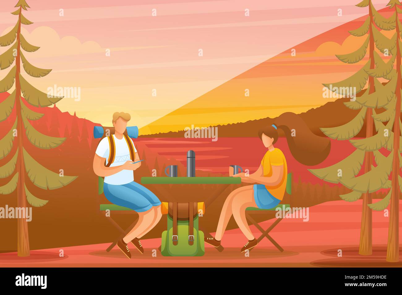 Young people enjoy the sunset in the forest, camping. Flat 2D character. Concept for web design. Stock Vector