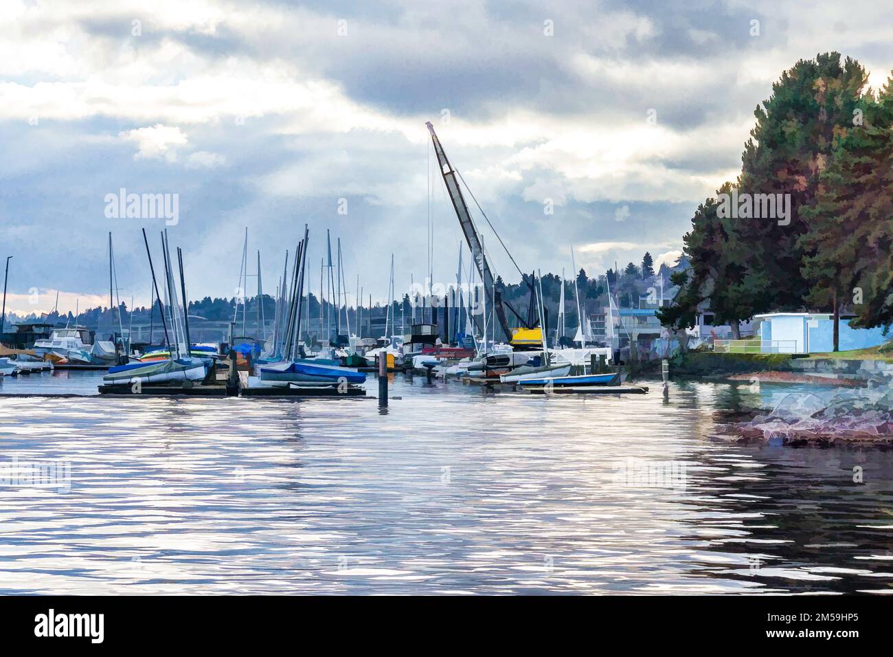 An illustration of the marina at the Leschi area of Seattle, Washington