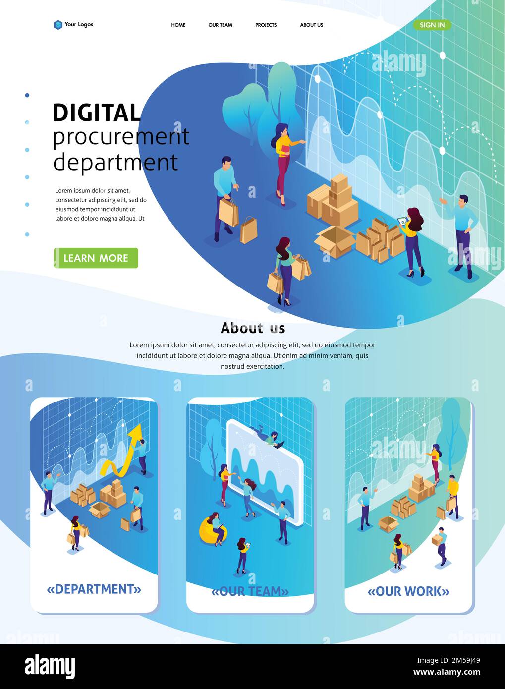 Isometric Website Template Landing page concept of digital procurement, marketing research, teamwork. Adaptive 3D. Stock Vector