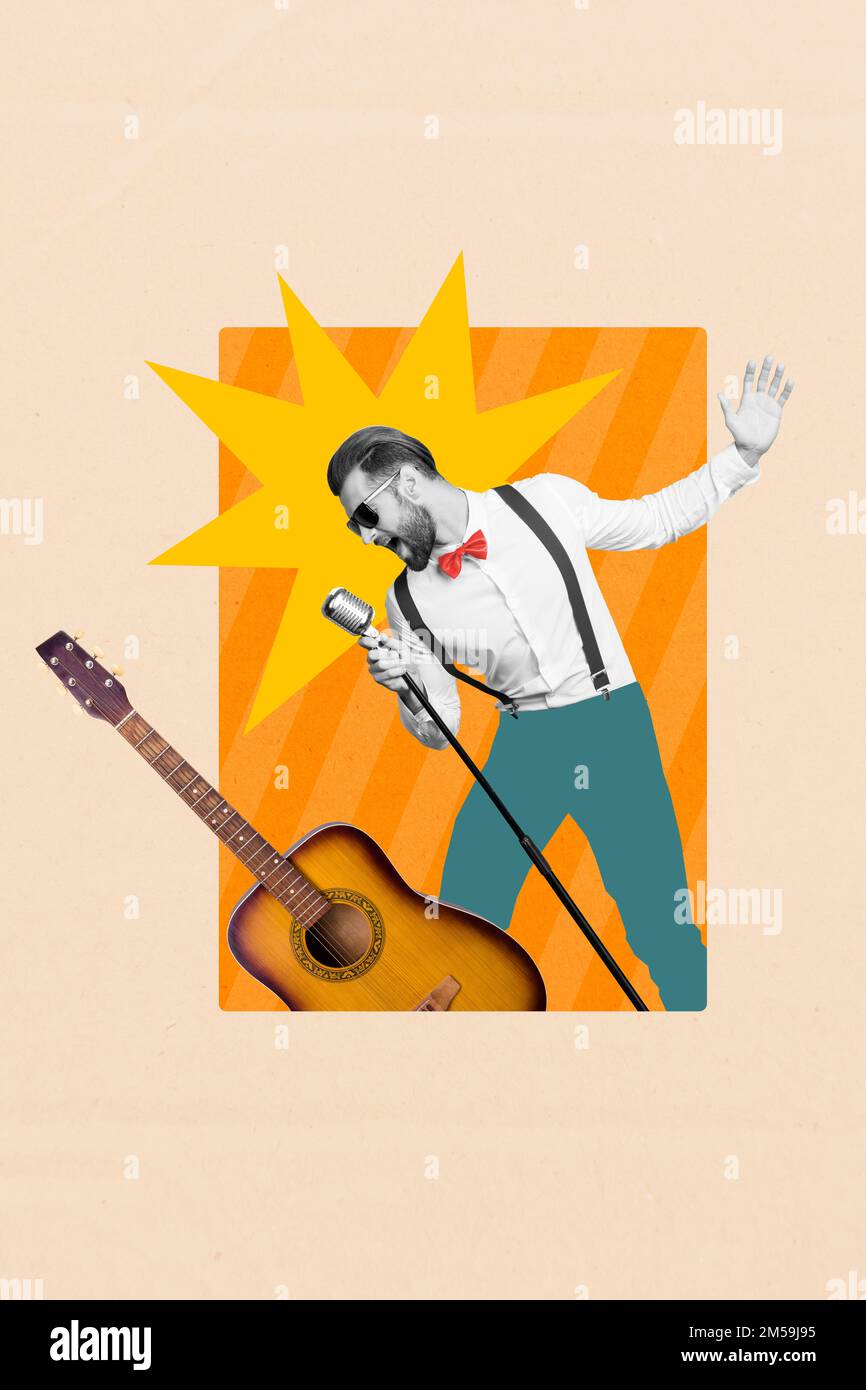 Vertical collage image of excited black white effect guy singing