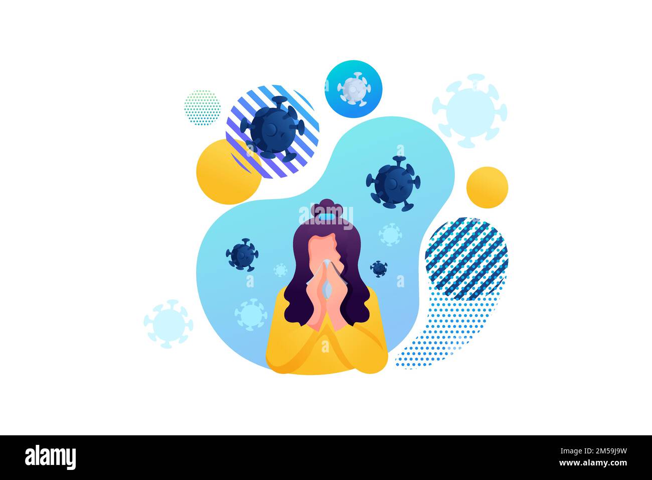 Stop the virus. The girl suffers from a runny nose, cold, flu. Bacteria are flying around. Flat 2D character. Concept for web design. Stock Vector