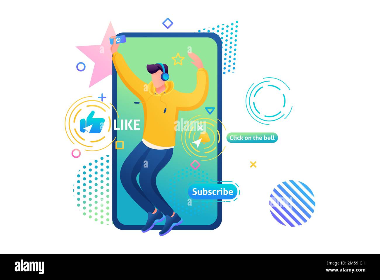 Channel about Young guy, Dance teacher, Tectonics, freestyle, R & B. Web design for dance training. Subscribe and learn to dance. Stock Vector