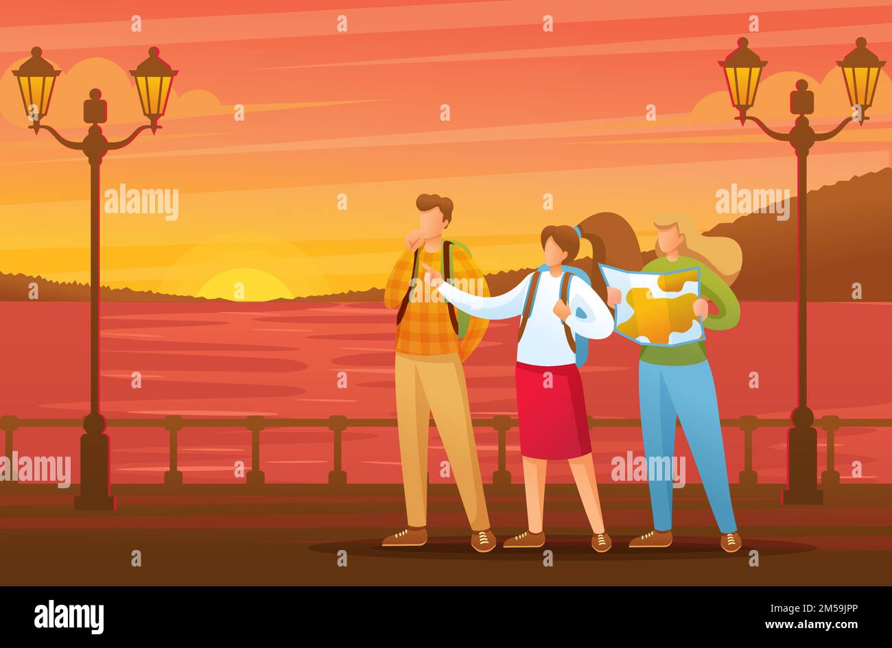 Evening walk of tourists along the beautiful promenade during sunset. Flat 2D character. Illustration concept for animation and web design. Stock Vector