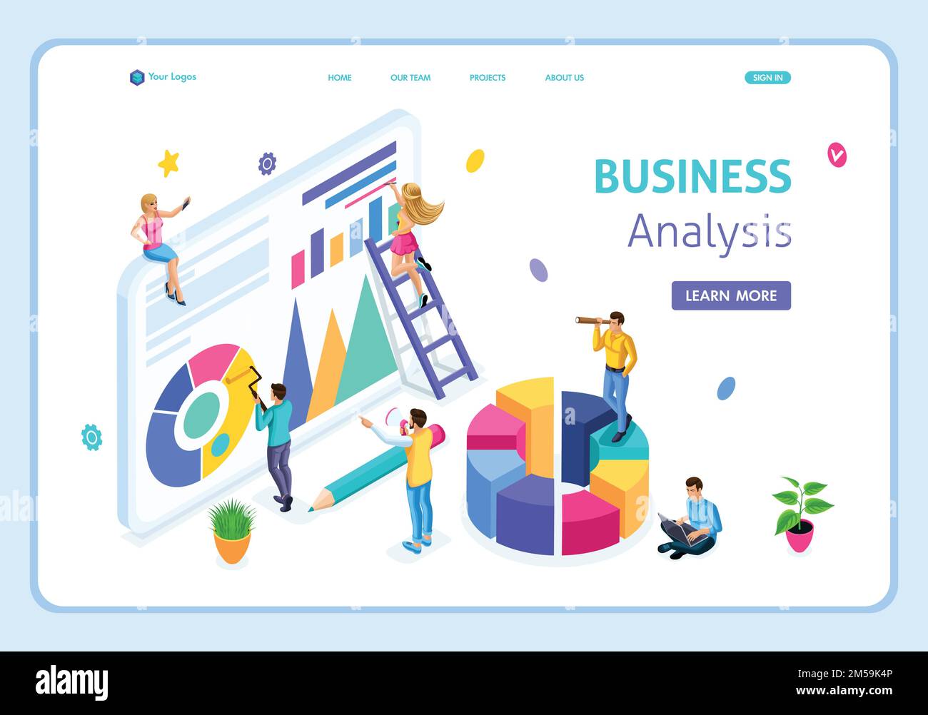 Website Template Landing page Isometric Business analysis, Can use for web banner. Easy to edit and customize. Stock Vector
