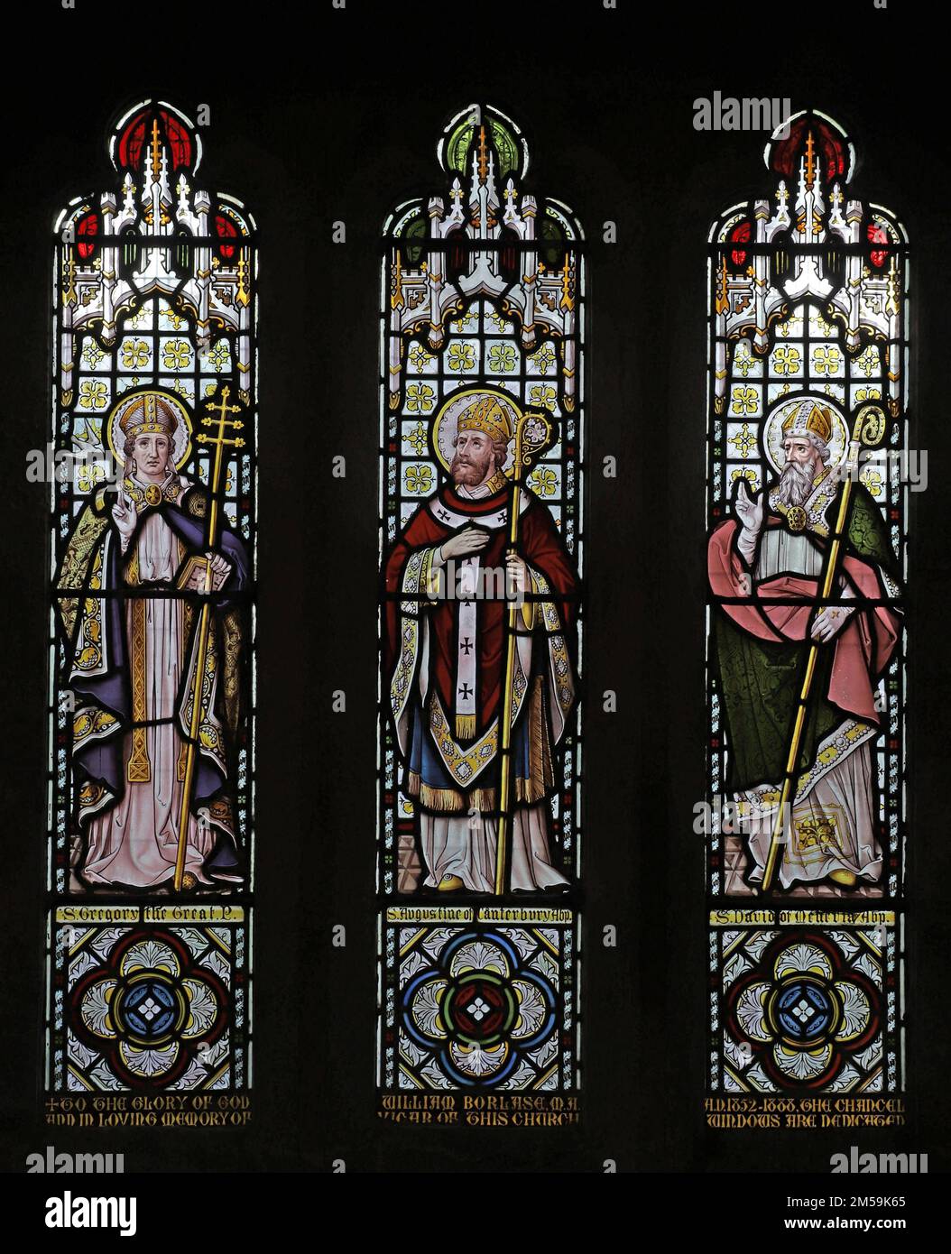 Stained glass window by Edward Horwood depicting Saints Gregory, Augustine & David, St Senara's Church, Zennor, Cornwall Stock Photo