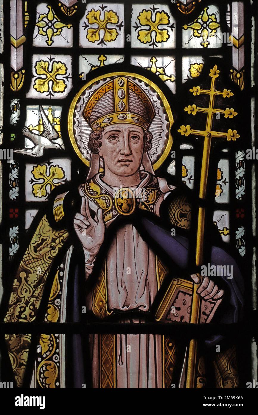 Stained glass window by Edward Horwood depicting St Gregory the Great, St Senara's Church, Zennor, Cornwall Stock Photo