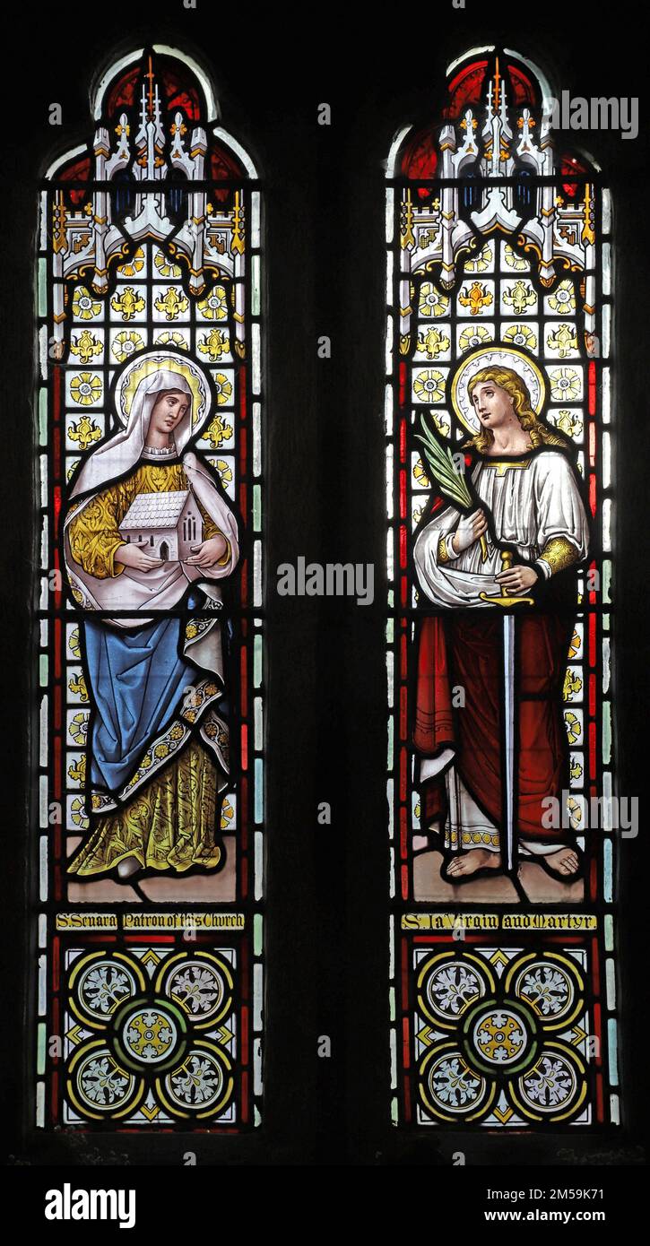 Stained glass window by Edward Horwood depicting St Senara and St Ia, St Senara's Church, Zennor, Cornwall Stock Photo