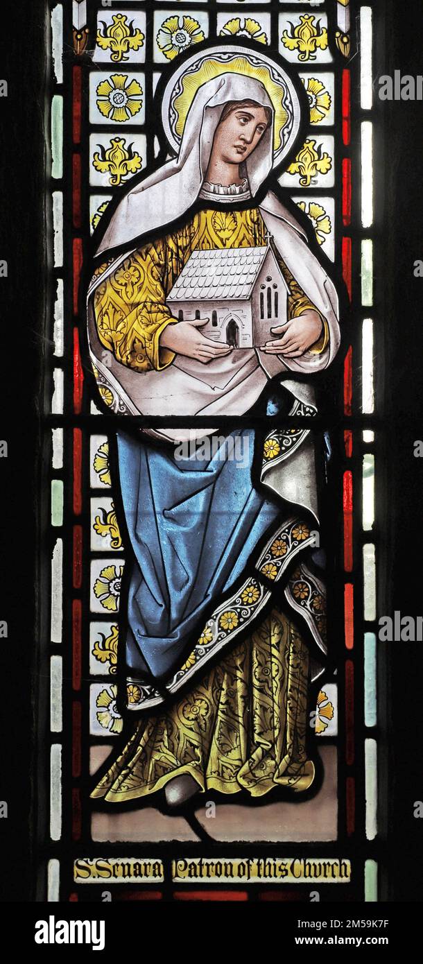 Stained glass window by Edward Horwood depicting St Senara, St Senara's Church, Zennor, Cornwall Stock Photo