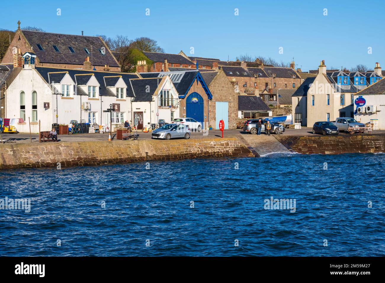 Harbour front buildings in coastal village of Johnshaven on North Sea