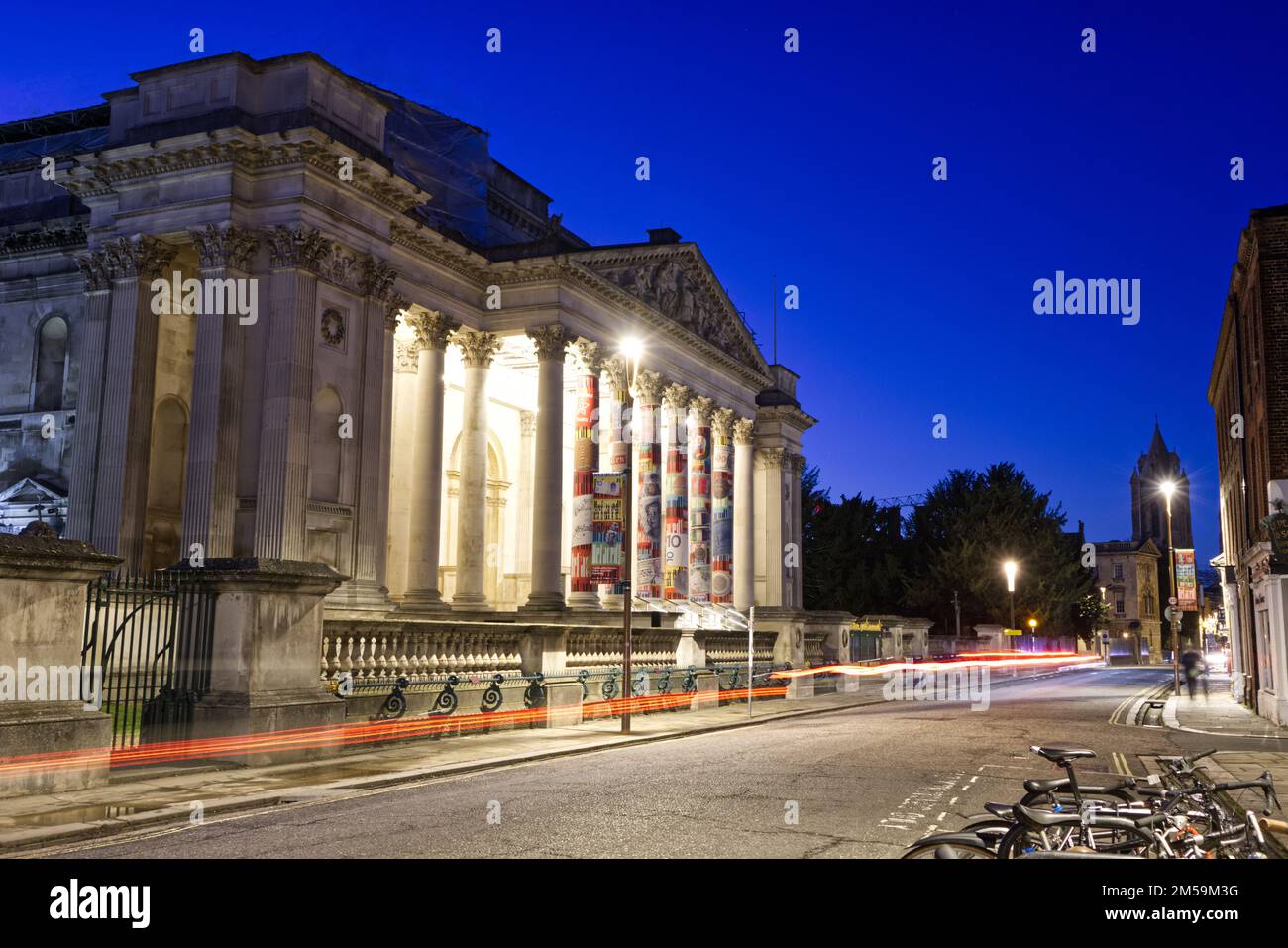 Light Trails and Blue Hour at the Fitzwilliam Museum, Cambridge Stock Photo
