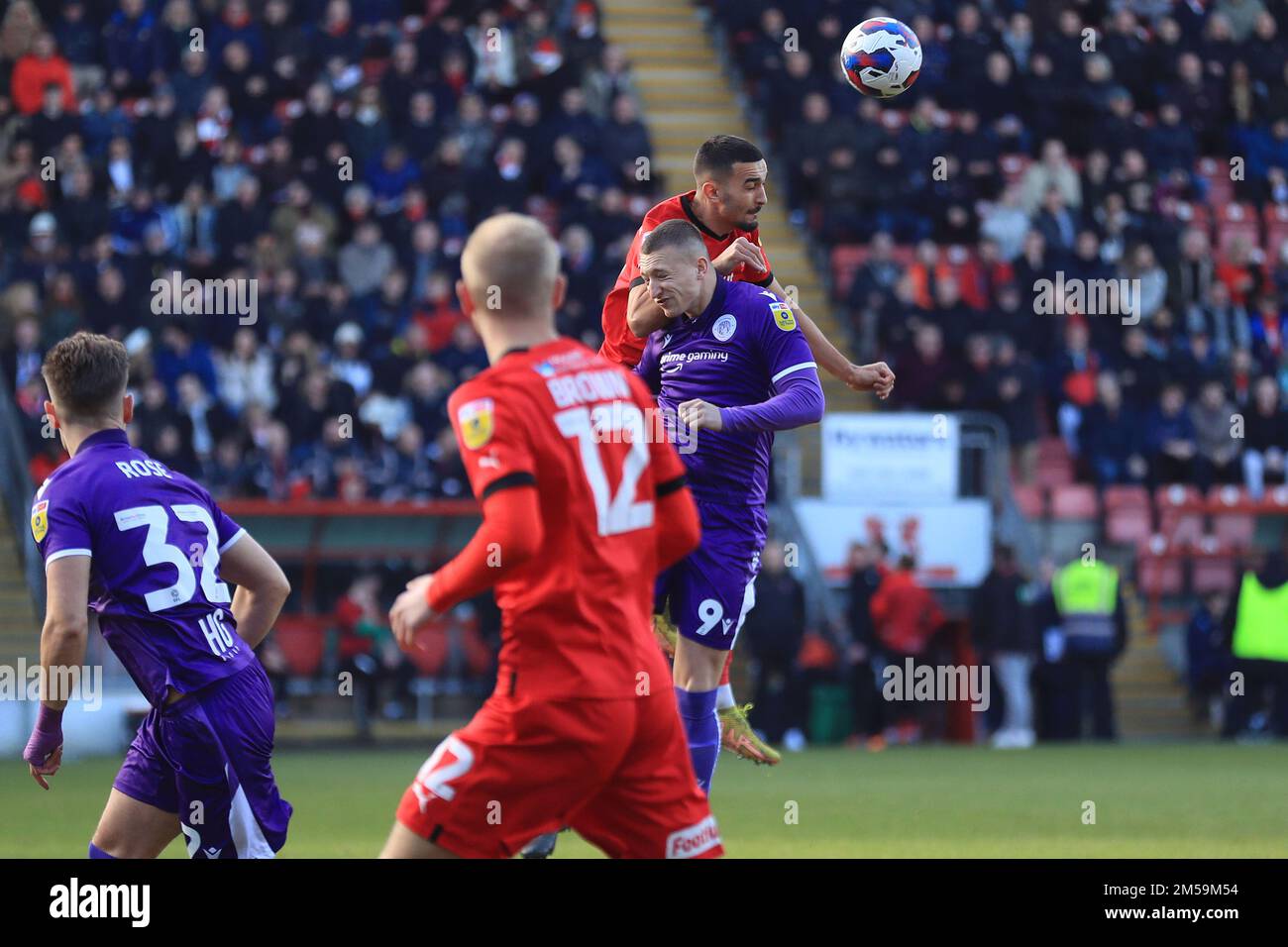 London, UK. 27th Dec, 2022. Idris El Mizouni of Leyton Orient and Luke Norris of Stevenage compete for a ball during the EFL Sky Bet League 2 match between Leyton Orient and Stevenage at the Matchroom Stadium, London, England on 27 December 2022. Photo by Carlton Myrie. Editorial use only, license required for commercial use. No use in betting, games or a single club/league/player publications. Credit: UK Sports Pics Ltd/Alamy Live News Stock Photo