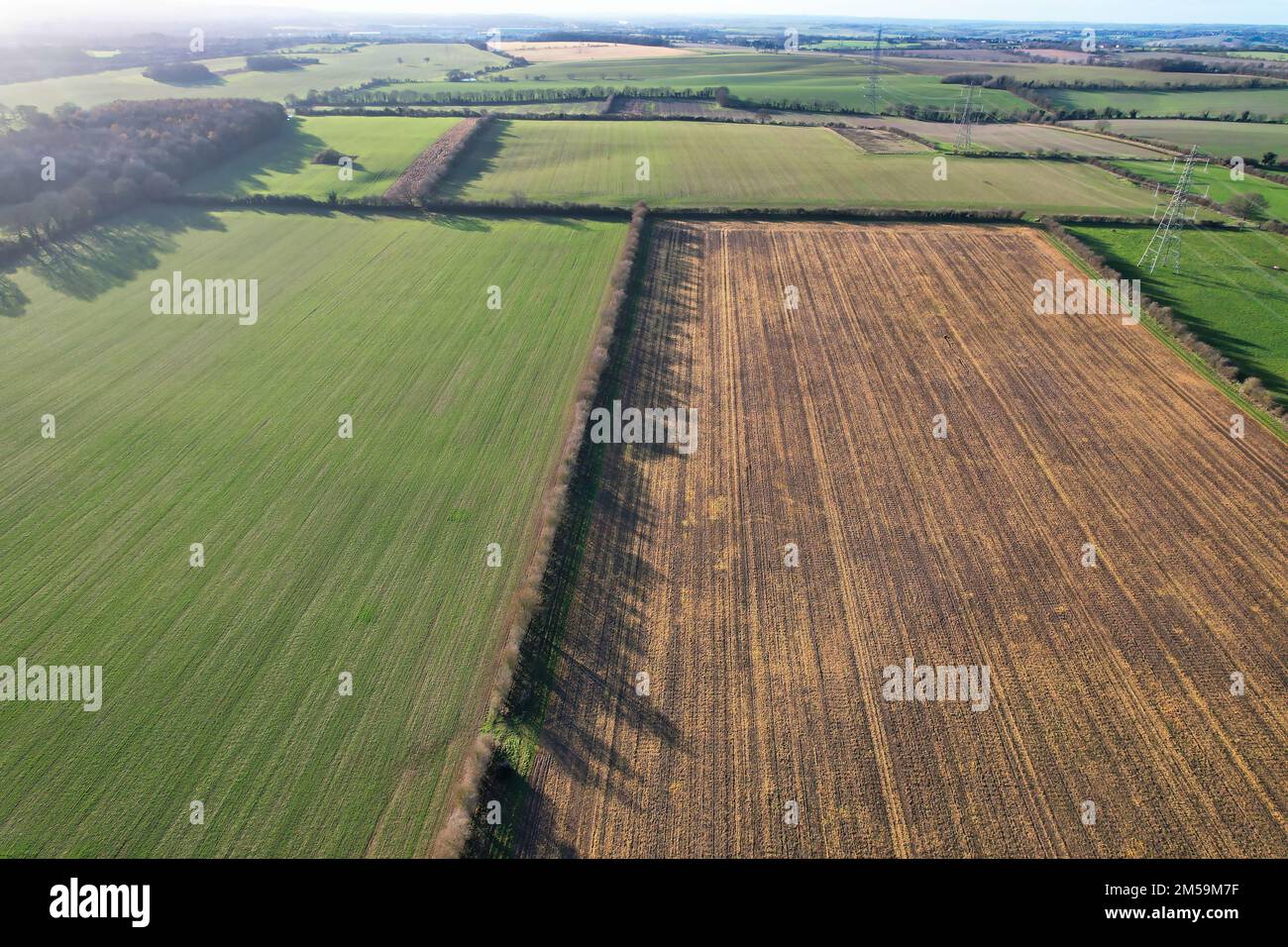 High Angle Footage of British Countryside Landscape at Sharpenhoe Clappers Bedfordshire England, Tourist Point of Hills and British Farms, Stock Photo
