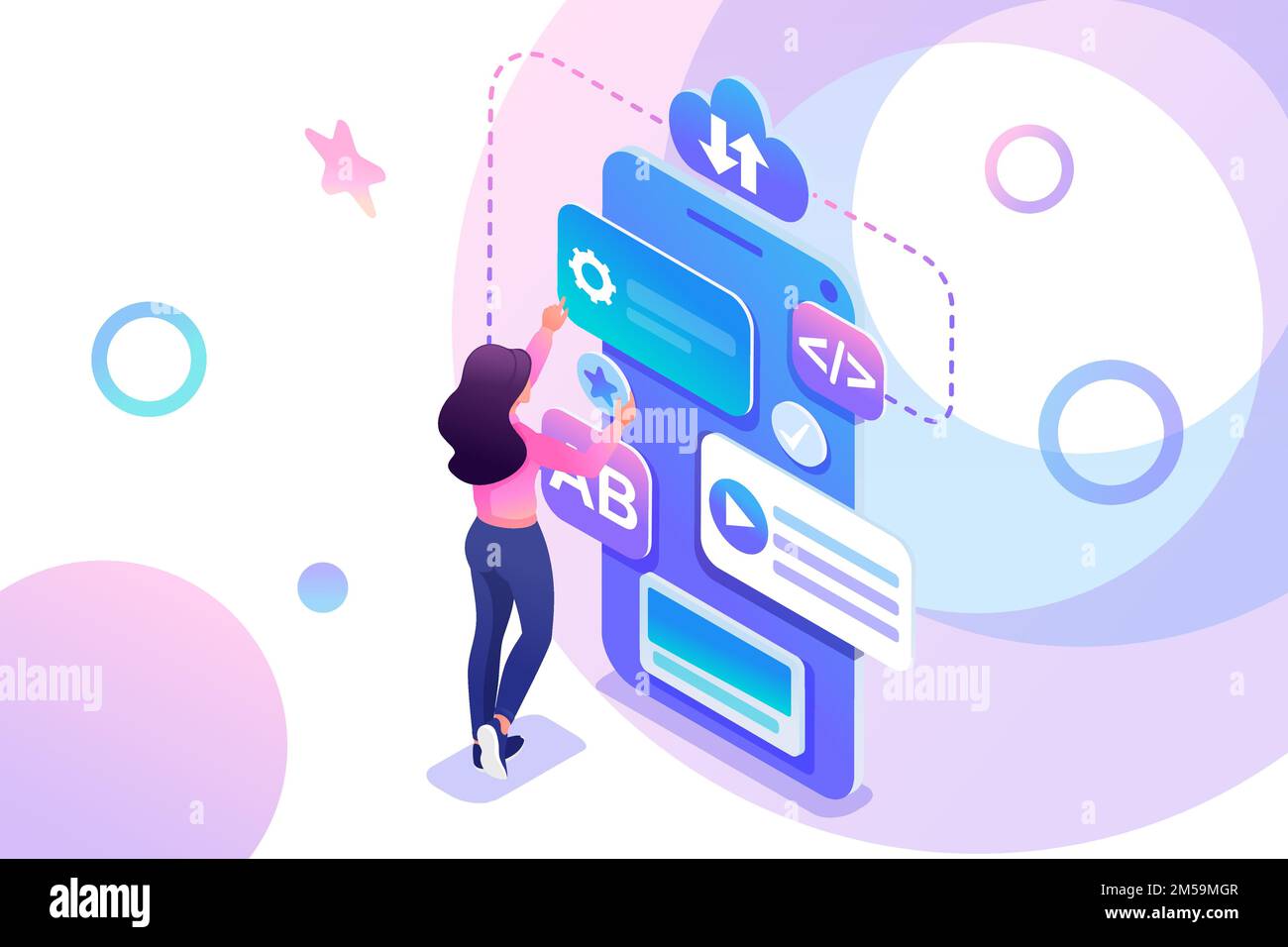 Isometric young girl is engaged in the creation of a mobile application