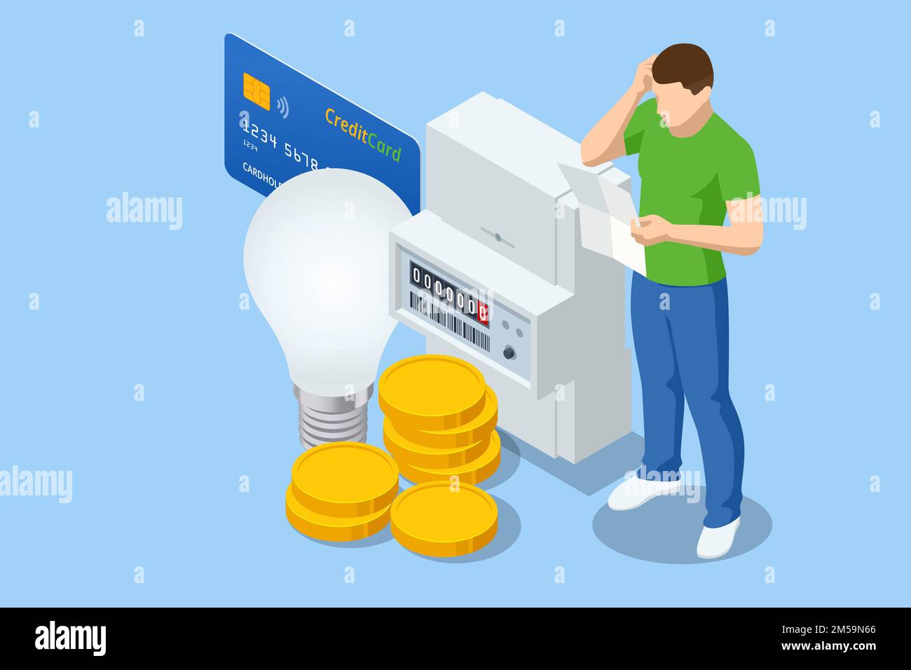 Isometric kilowatt hour electric meter, power supply meter. The male character is paying utilities. Concept of invoice and electricity meter. Watthour Stock Vector