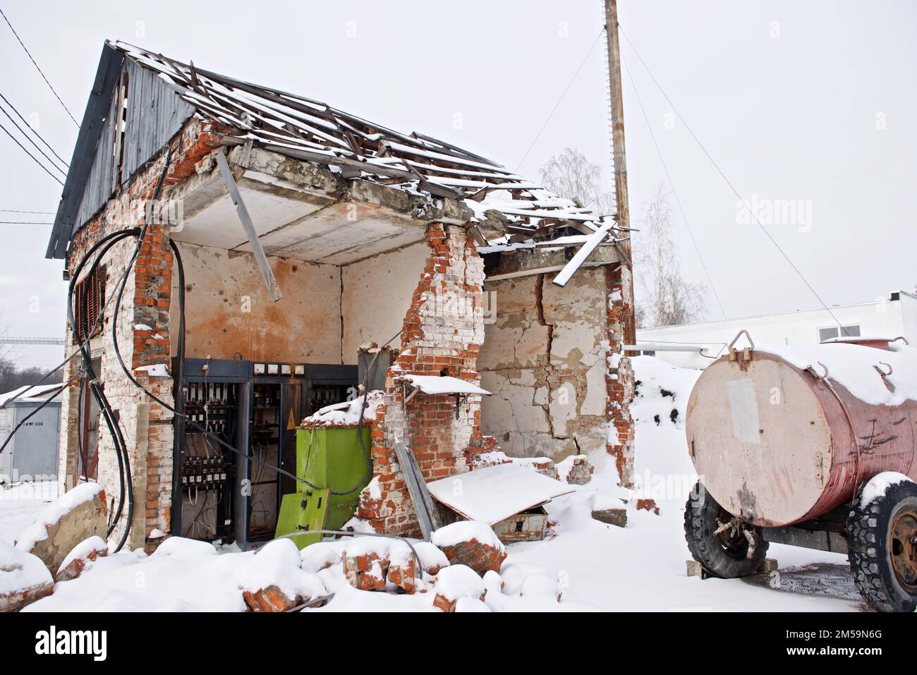 the transformer building in Chernihiv destroyed during shelling by the Russian occupiers. Stock Photo