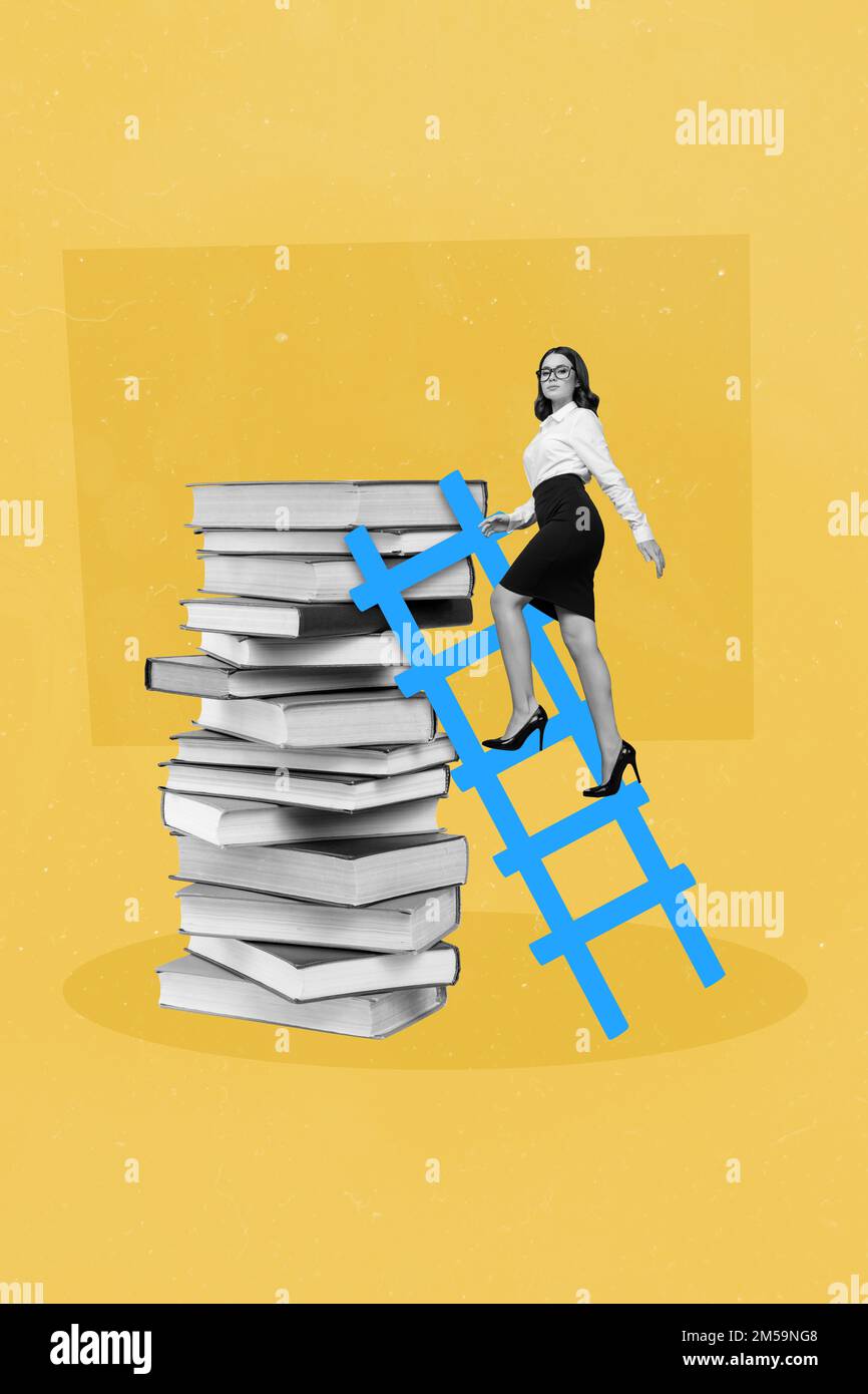 Collage artwork graphics picture of lady studying a lot for achieving