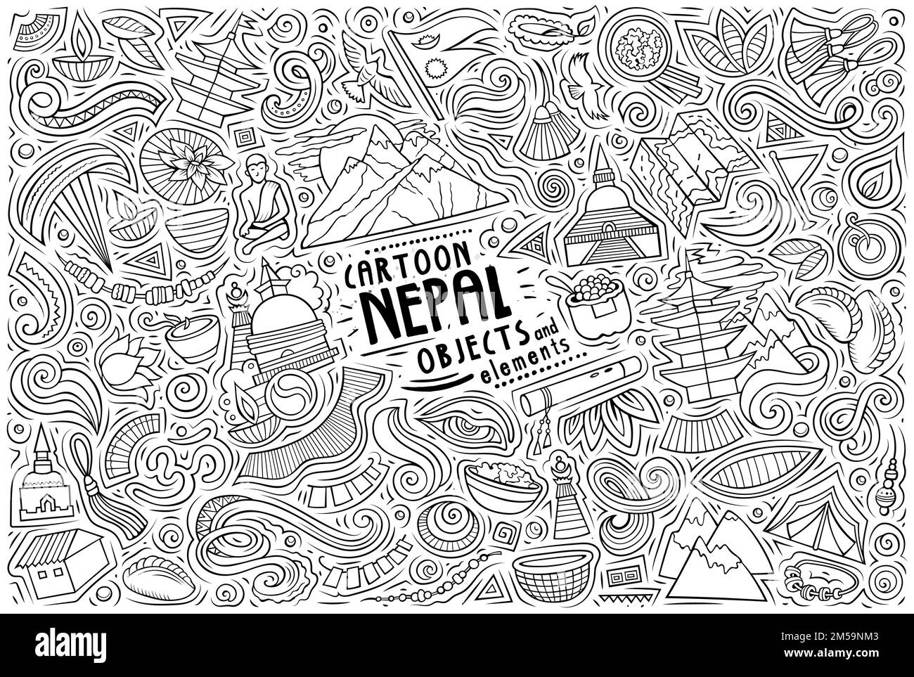 Cartoon vector doodle set of Nepal traditional symbols, items and