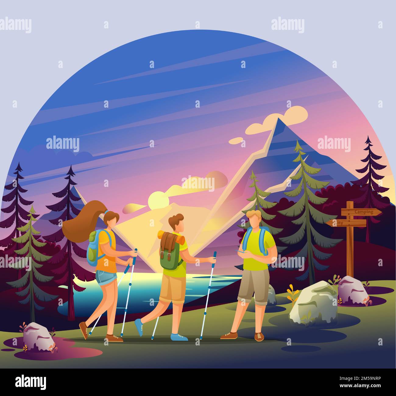 Active Recreation in the Forest. Young People Walk In a group in the