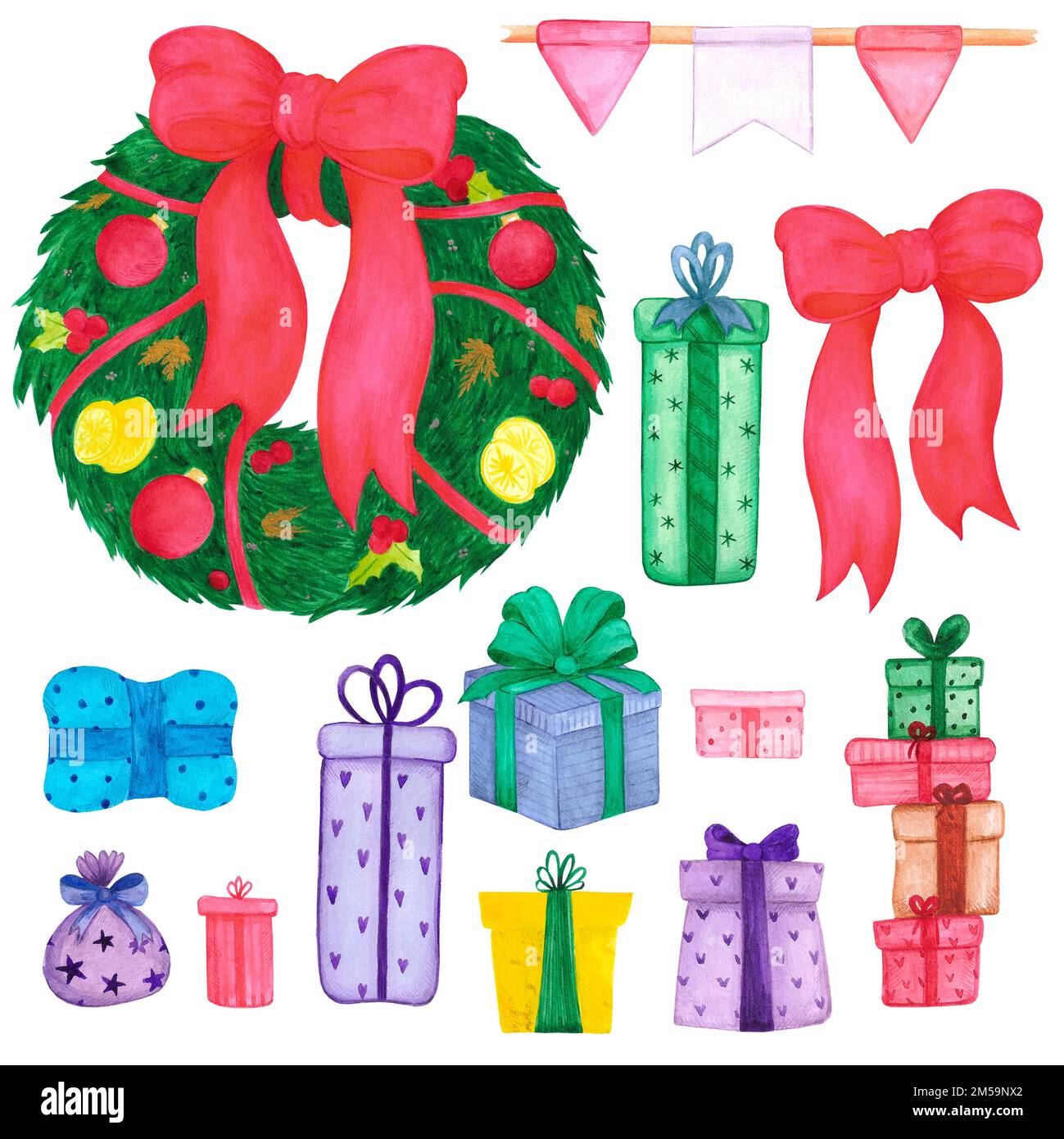 Hand drawn watercolor christmas elements. Christmass and New Year ...