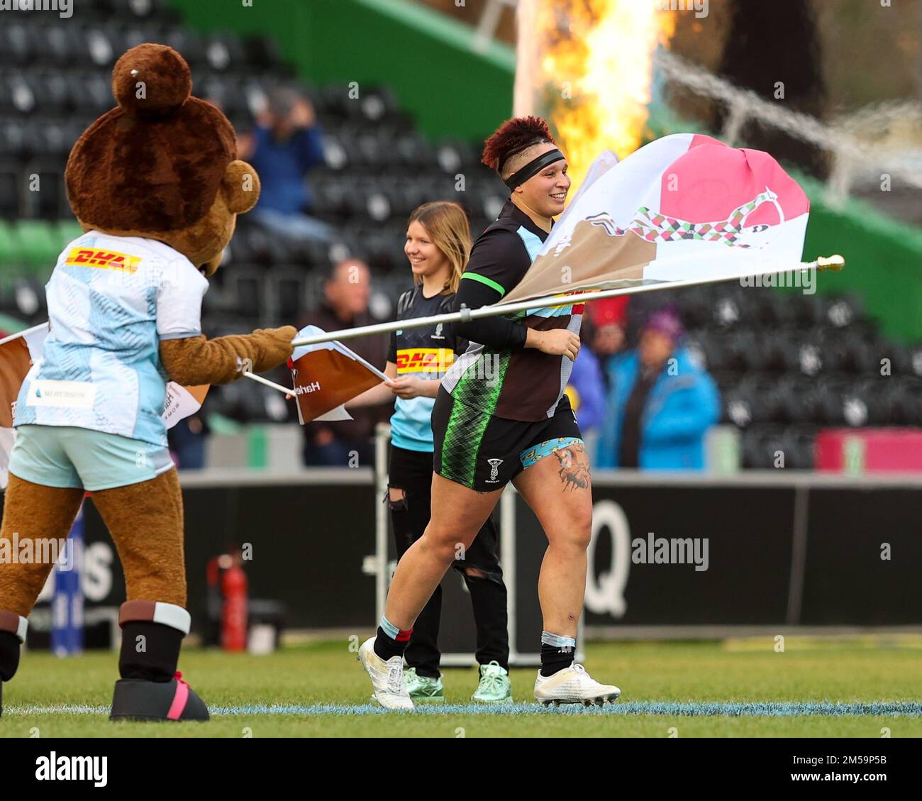 Shaunagh Brown, making her final appearance for Harlequins Women, leads her team out for the