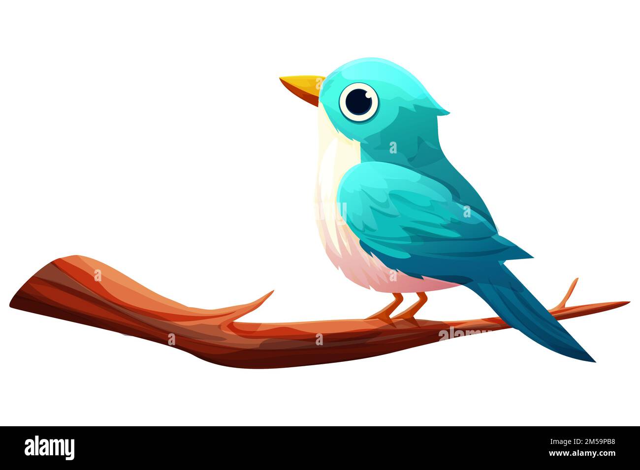 Blue bird sitting on branch with wings and tail cute character in