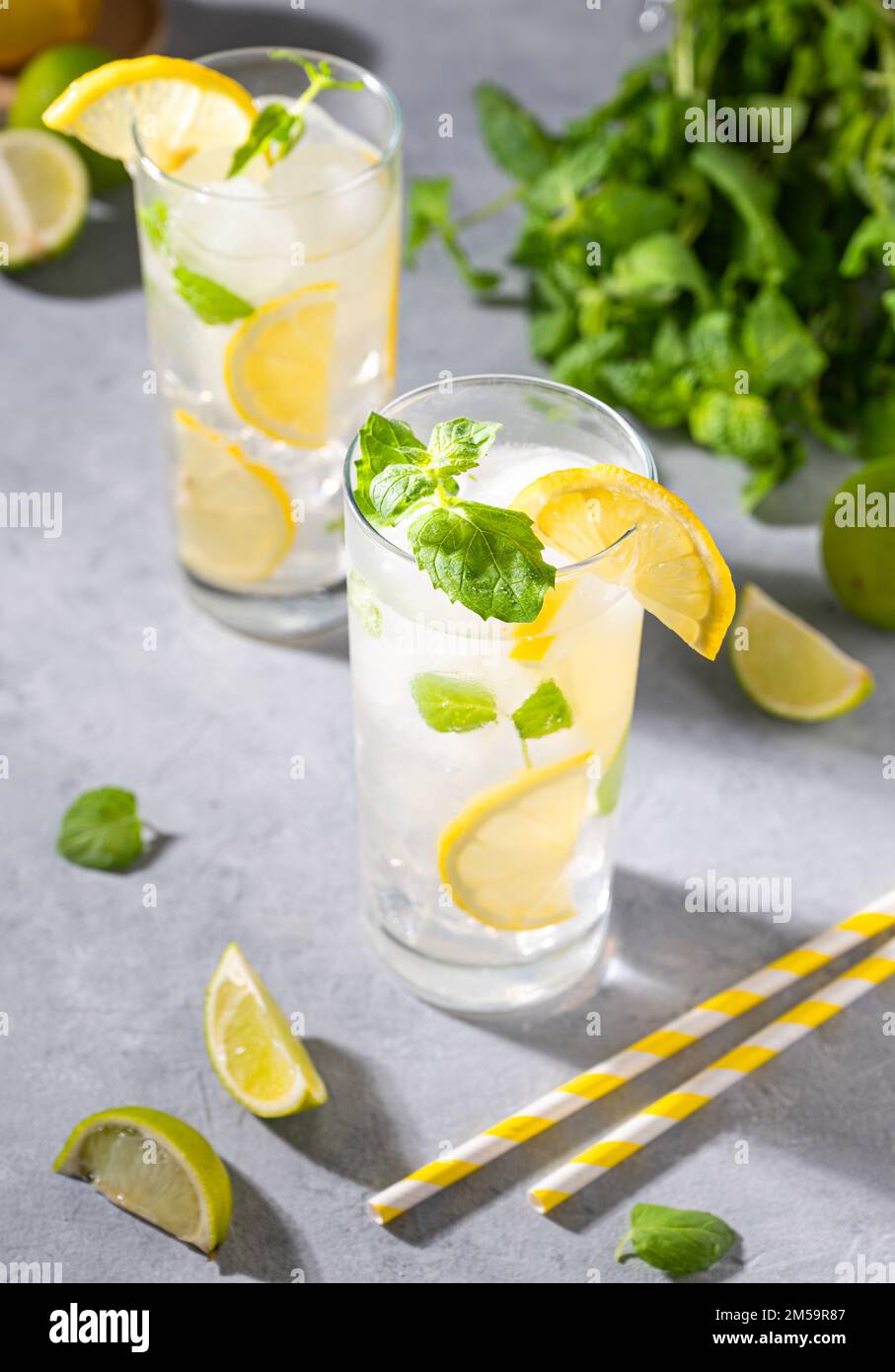 Mojito drink with fresh lemons. Refreshing cocktail with lime, lemon, mint and ice on gray background. Summer cold drinks concept. Stock Photo
