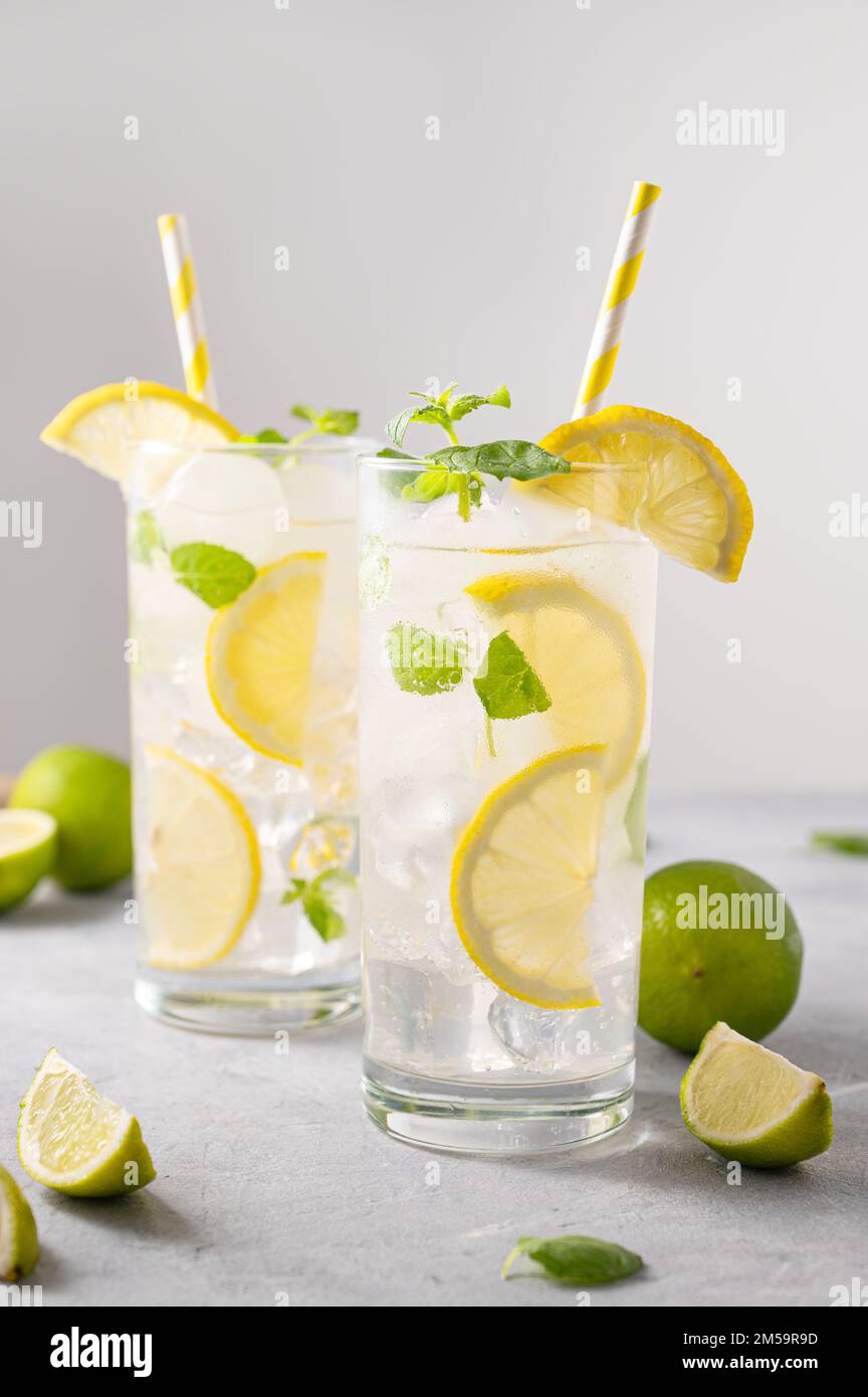 Mojito drink with fresh lemons. Refreshing cocktail with lime, lemon, mint and ice in a tall glass on gray background. Summer cold drinks concept. Fro Stock Photo