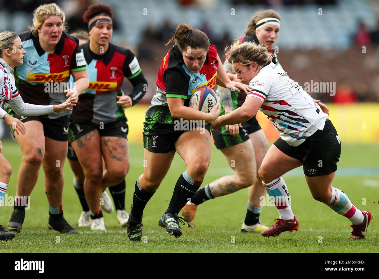 Amy Cokayne of Harlequins Women bursts towards the Bristol Bears Women try line during the Women