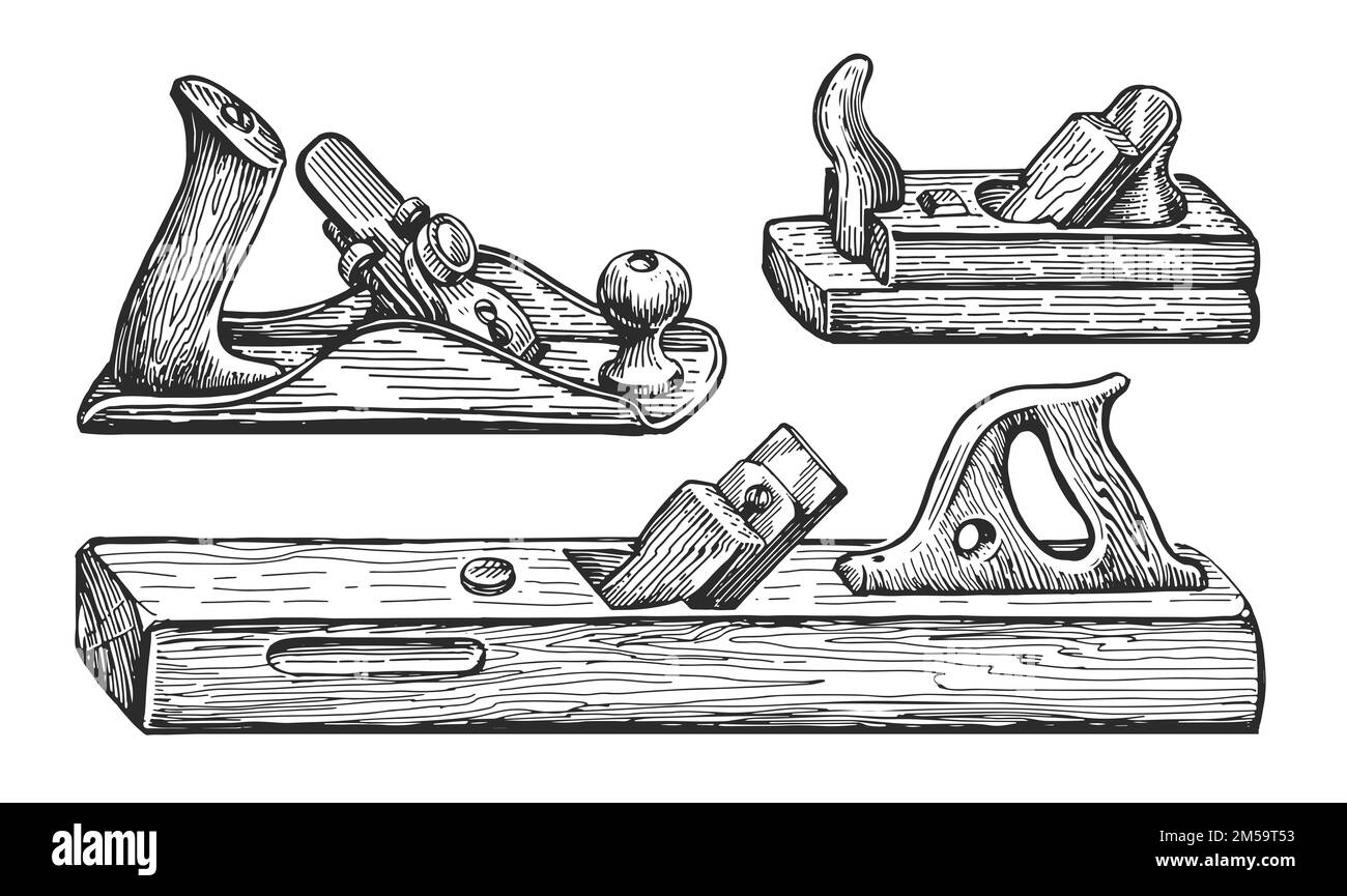 Plane old wooden jointer tool. Retro carpentry woodworking equipment isolated. Hand drawn sketch vintage illustration Stock Photo