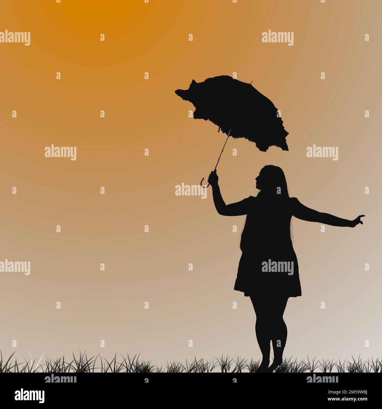 Girl standing with parasol in right hand facing her right silhouetted against orange background standing in black & white grass Stock Photo