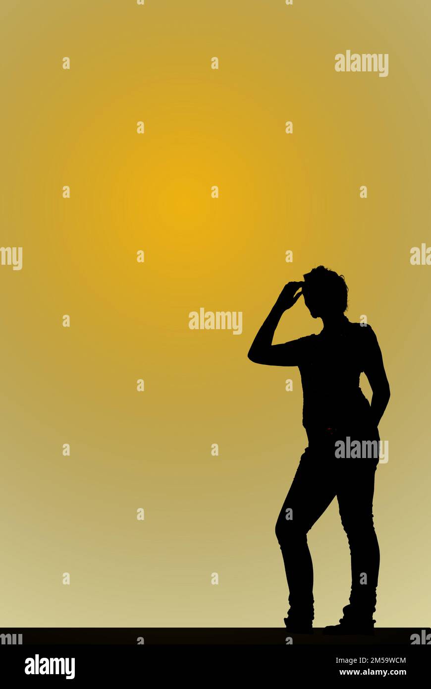 girl with hand to head silhouetted against orange background Stock Photo