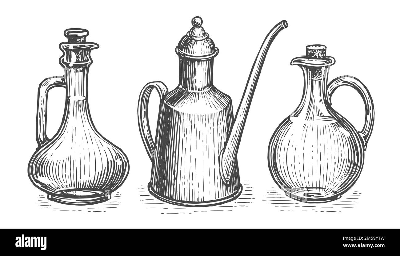 Set of jar and bottles with extra virgin olive oil isolated on white background. Engraved sketch