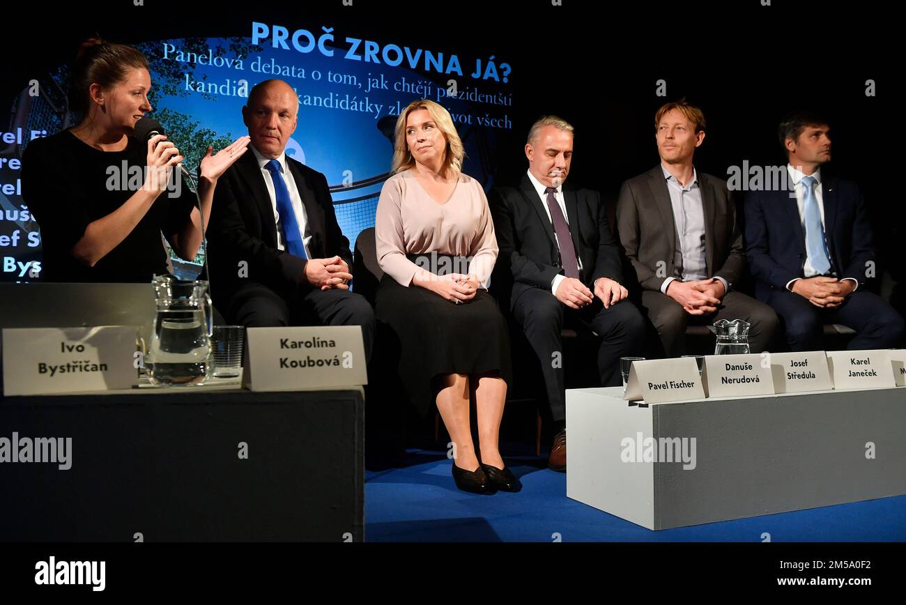 The hot campaign for the Czech presidential election will start on Wednesday evening, December 28, 2022 when the candidates will be able to address the public on Czech Radio (CRo) and on Thursday December 29, 2022, when Czech Television (CT) will start broadcasting their contributions.    FILE PHOTO    From left moderator Karolina Koubova and presidential candidates Pavel Fischer, Danuse Nerudova, Josef Stredula, Karel Janecek, Marek Hilser speak during 26th Ji.hlava Internationa Documentary Film Festival in Jihlava, Czech Republic, October 25, 2022. (CTK Photo/Lubos Pavlicek) Stock Photo