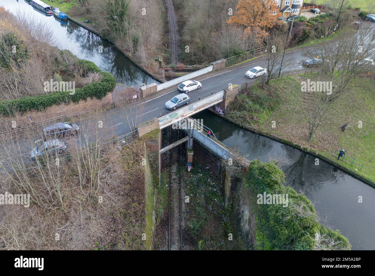 Three Bridges, properly known as Windmill Bridge, is a three-level crossing of bridges near Hanwell in west London, UK. Stock Photo