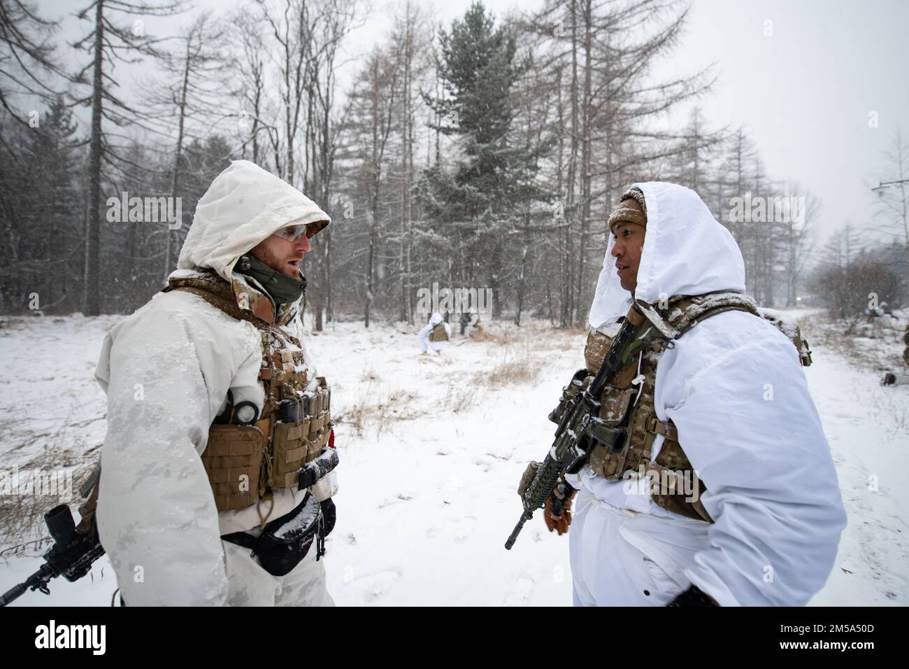 A U.S. Army paratrooper assigned to 1st Battalion, 503rd Parachute Infantry Regiment coordinates the establishment of a patrol base with an Italian soldier from the 3rd Alpini Regiment while conducting an integrated procedure familiarization. This training is part of Exercise Steel Blizzard at Pian dell’Alpe in Usseaux, Italy on Feb. 14, 2022.     Exercise Steel Blizzard is an Italian Army-hosted multinational mountain and arctic warfare training exercise. Three reconnaissance platoons from the 173rd Airborne Brigade take part in a three-phase training regimen with the 3rd Alpini Regiment to e Stock Photo