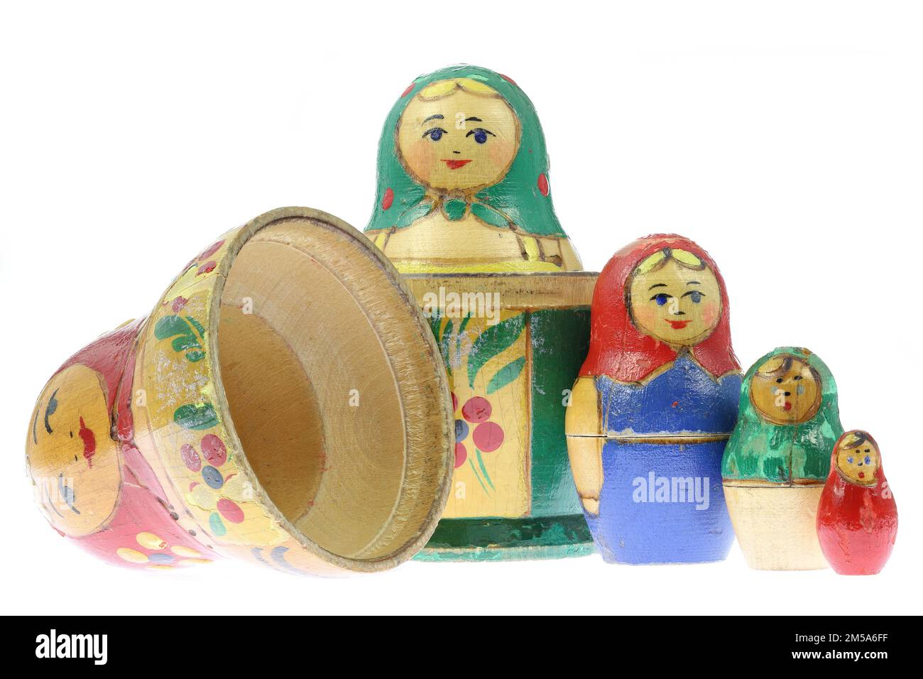 old Matryoshka dolls set isolated on white background Stock Photo